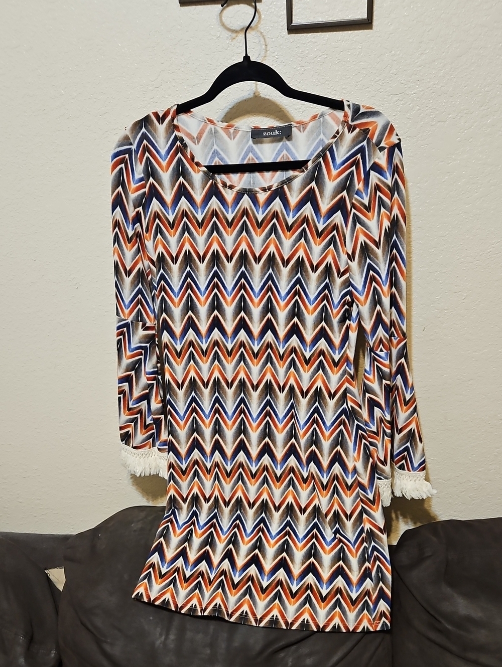 Zouks Chevron Long Sleeve Dress in Navy, Rust & Cream